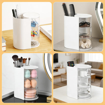 3-Tier Rotating Hair Accessories Organizer, 360° Spinning Storage Stand for Makeup Brushes and Jewelry, Compact Vanity Display Case for Girls, Holds Hair Clips, Earrings, Rings, Bracelets(White)