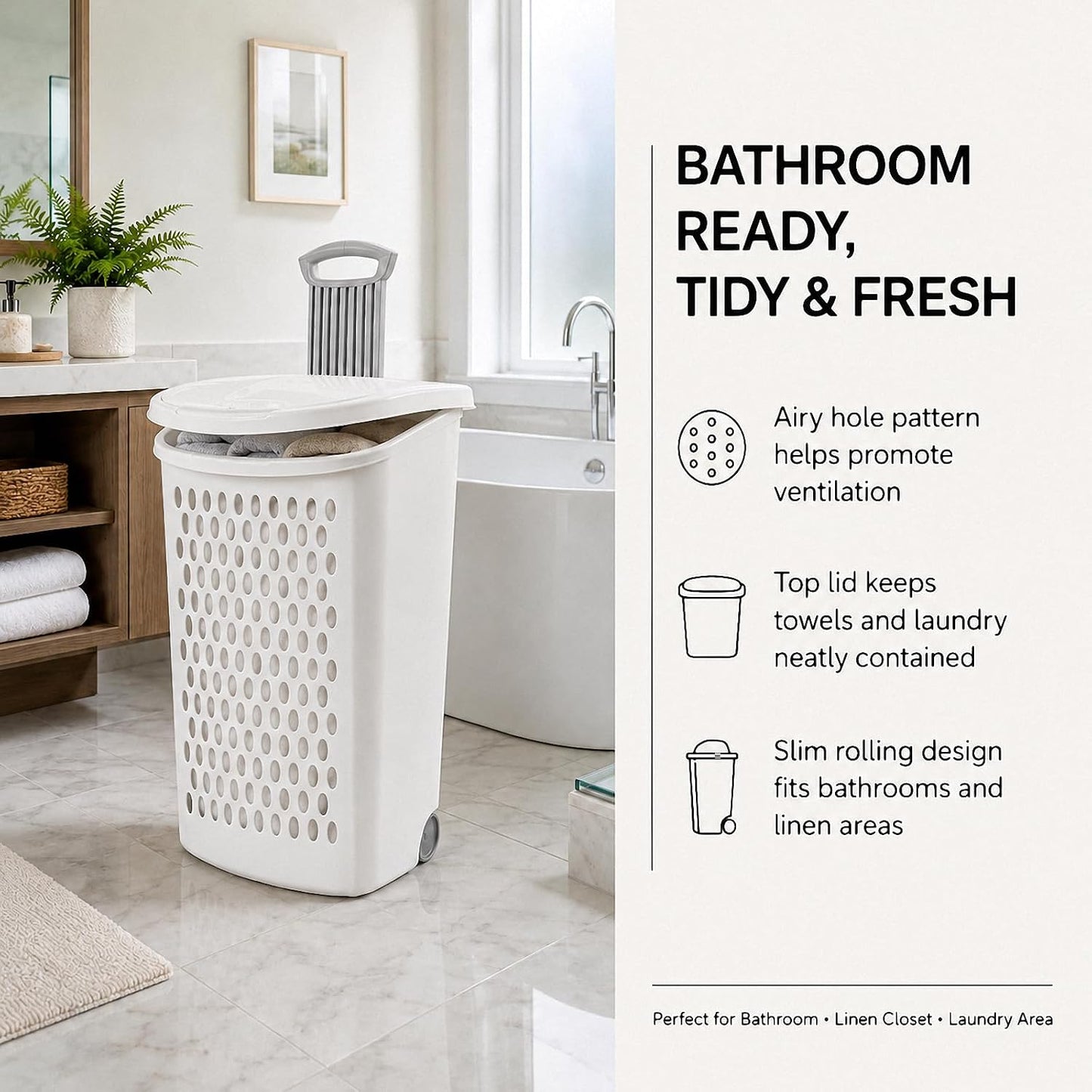 135L White Wheeled Plastic Laundry Hamper - Rolling Laundry Basket with Lid