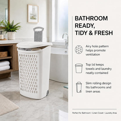135L White Wheeled Plastic Laundry Hamper - Rolling Laundry Basket with Lid