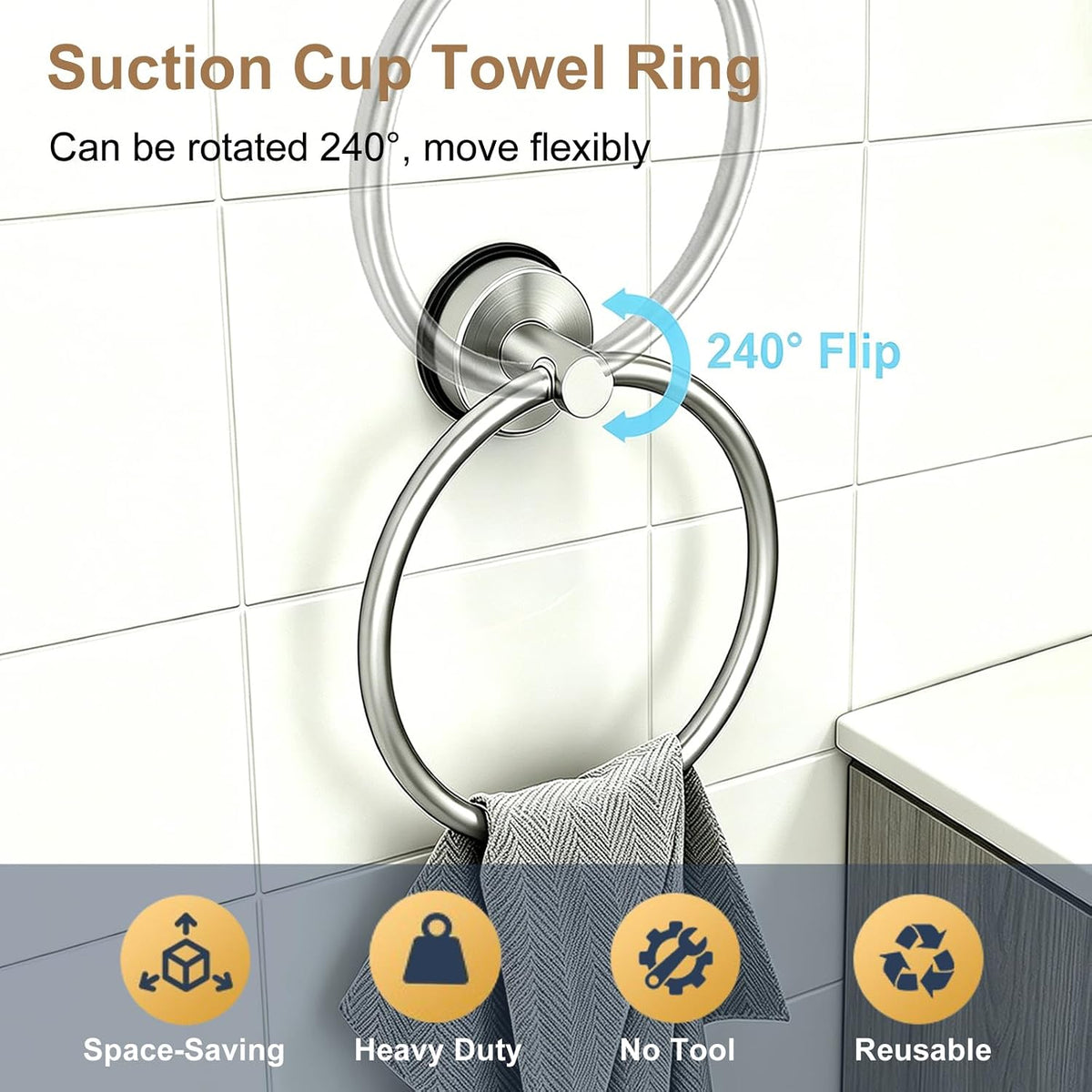 5 Pieces Suction Cup Towel Bar Set Wall Mounted - Brushed Nickel