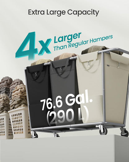 SONGMICS 3-Section Laundry Basket with Wheels, 76.6 Gallons (290 L) Hamper