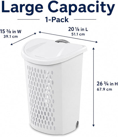 135L White Wheeled Plastic Laundry Hamper - Rolling Laundry Basket with Lid