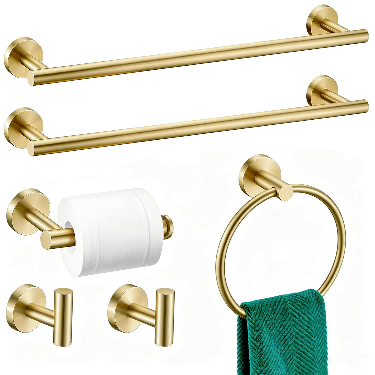 6 Pieces Brushed Gold Bathroom Hardware Accessories Set, SUS304 Stainless Steel 24 Inch Bath Towel Bar Set, Round Bathroom Towel Holder Set, Towel Racks for Bathroom Wall Mounted