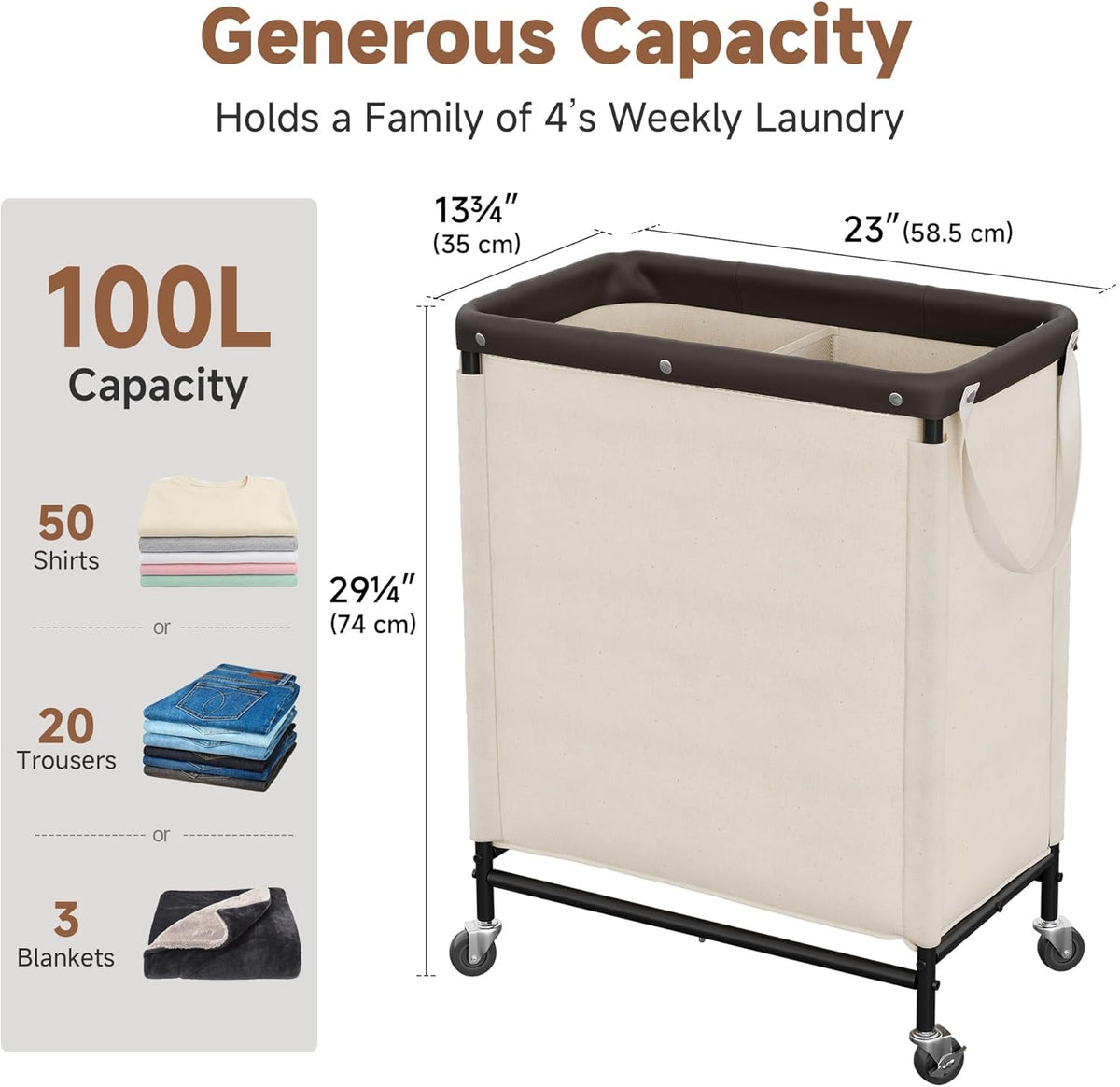 StorageWorks 2 Section Laundry Hamper, 100L Beige Sorter Cart with Wheels