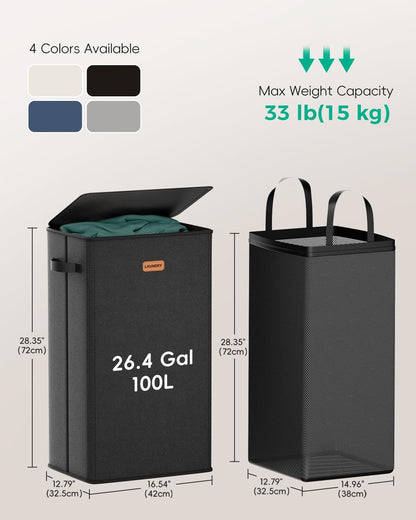 100L Large Capacity Laundry Hamper, Collapsible Laundry Basket Space-Saving, Clothes Hamper with Lid and Removable Bag for Bathroom Bedroom Laundry Room Dorm
