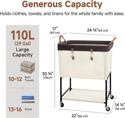 StorageWorks Laundry Cart, 2 Tier Rolling Basket with Wheels, 29 Gal, Beige