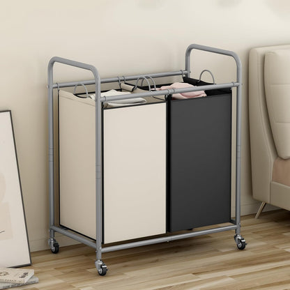 SUOERNUO Laundry Sorter Basket 2 Bag Laundry Hamper Cart with Rolling Lockable Wheels and Removable Bags Laundry Organizer Cart for Clothes Storage, Assorted