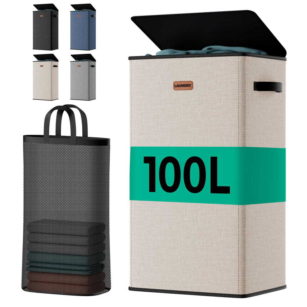 100L Large Capacity Laundry Hamper, Collapsible Laundry Basket Space-Saving, Clothes Hamper with Lid and Removable Bag for Bathroom Bedroom Laundry Room Dorm