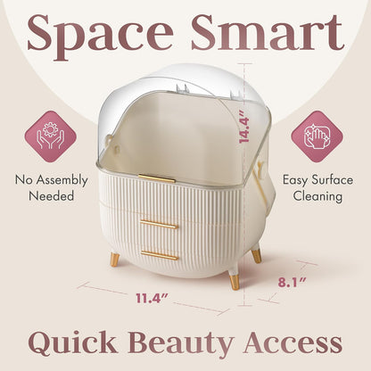 Covered Makeup Cosmetic Countertop - Large Cosmetic Organizer - Trendy Oval Shape Storage for Skin Care Organizer - Clear Lid, Storage Drawers, Carry Handle - Cute Stylish Decor Solution (White)