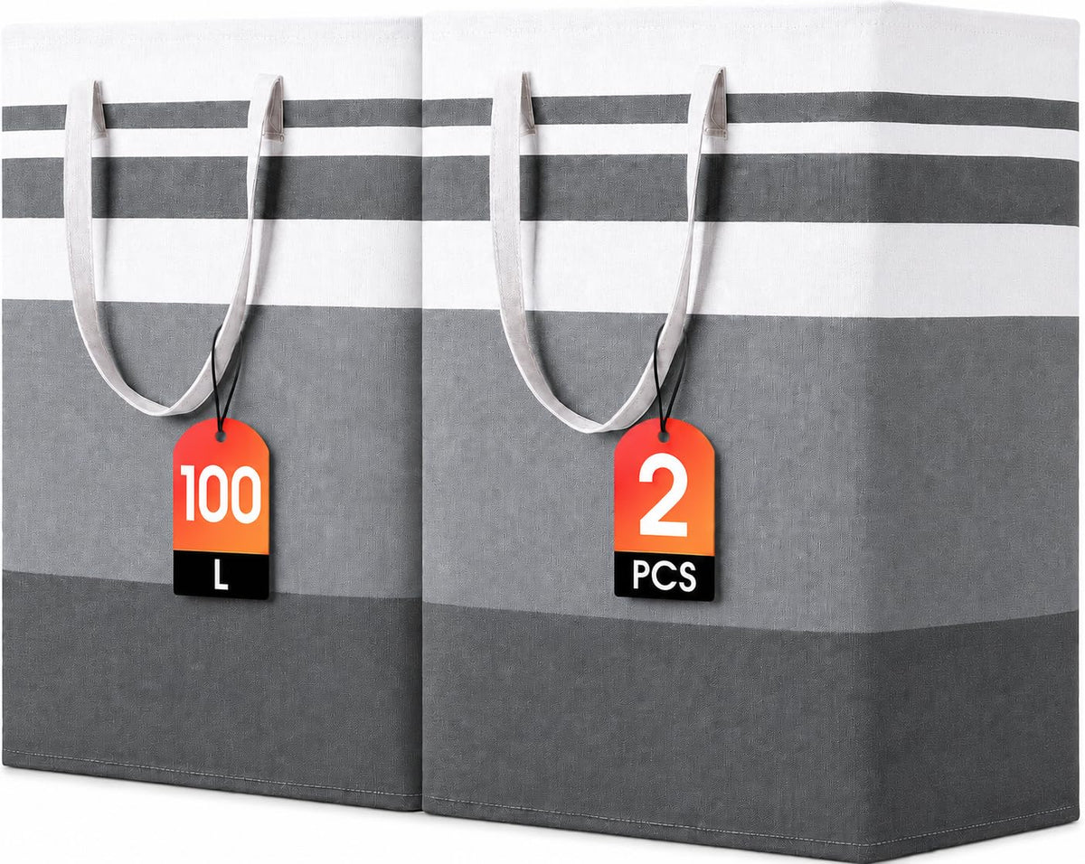2 Pack Large Laundry Baskets, Laundry Hampers, Freestanding Waterproof Collapsible Clothes Basket with Easy Carry Handles in Laundry Room Bathroom Bedroom Dorm,Grey,75L