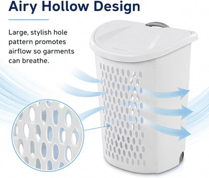 135L White Wheeled Plastic Laundry Hamper - Rolling Laundry Basket with Lid