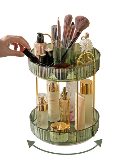 Asayuee 360 Rotating Makeup Organizer for Vanity,2 Tier Large Capacity Skincare Organizers,Bathroom Counter Organizer, Spinning Perfume Organizer & Vanity Organizer (Green-2 Tier)