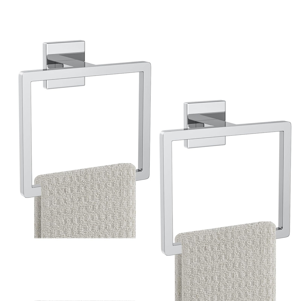 2-Piece Matte Black Square Towel Ring,Modern Hand Towel Holder for Bathroom,Stainless Steel Towel Hangers Wall-Mounted Bathroom Accessories