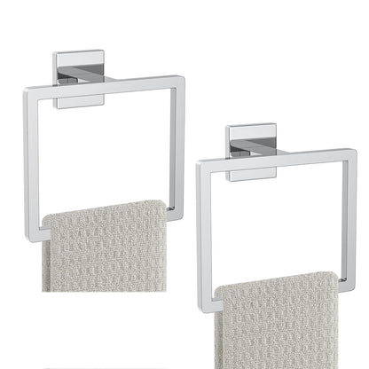 2-Piece Matte Black Square Towel Ring,Modern Hand Towel Holder for Bathroom,Stainless Steel Towel Hangers Wall-Mounted Bathroom Accessories