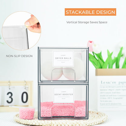 2 Pack Laundry Room Organization Storage Drawers with Labels, Clear Stackable Dryer Sheet Holder and Pod Containers, Detergent Dispenser for Laundry Room Organizing and Decor