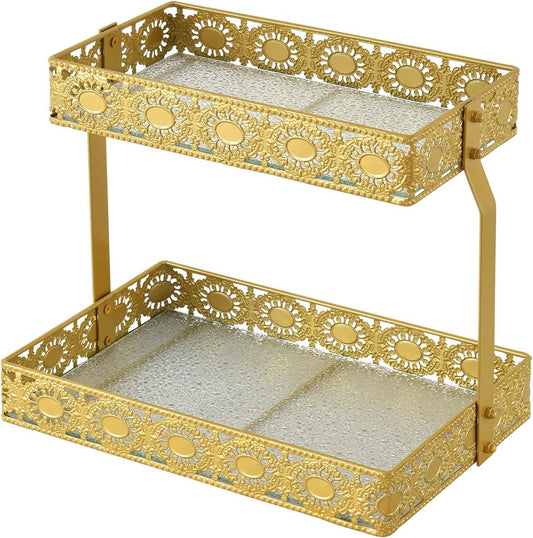 xiaojuande-Two Layer Glass Storage Tray with Portable Dressing Table Skin Care Product Organization Rack Corner Storage Rack for Bathroom Counter High-end Light Luxury Display Plate - Gold (Gold)