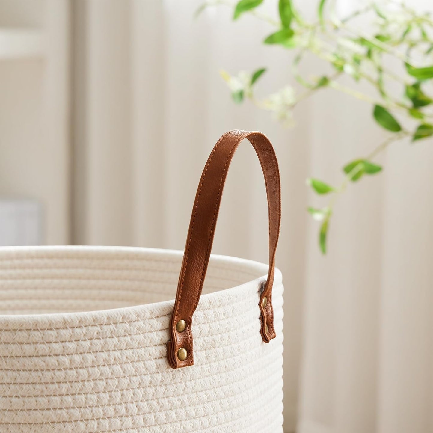 VIPOSCO 100L Tall Woven Rope Laundry Hamper, Leather Handles, White & Brown