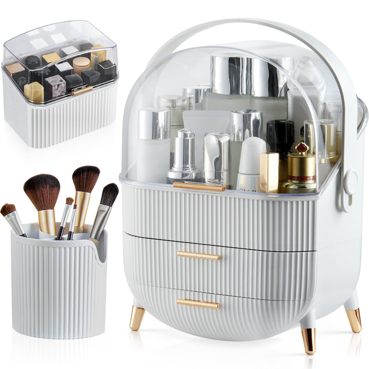 CANITORON Makeup Organizer,Skincare Organizer with 2 Drawers and Transparent Cover,Cosmetic Display Case for Vanity Organizer and Bathroom Countertop Storage.(White)
