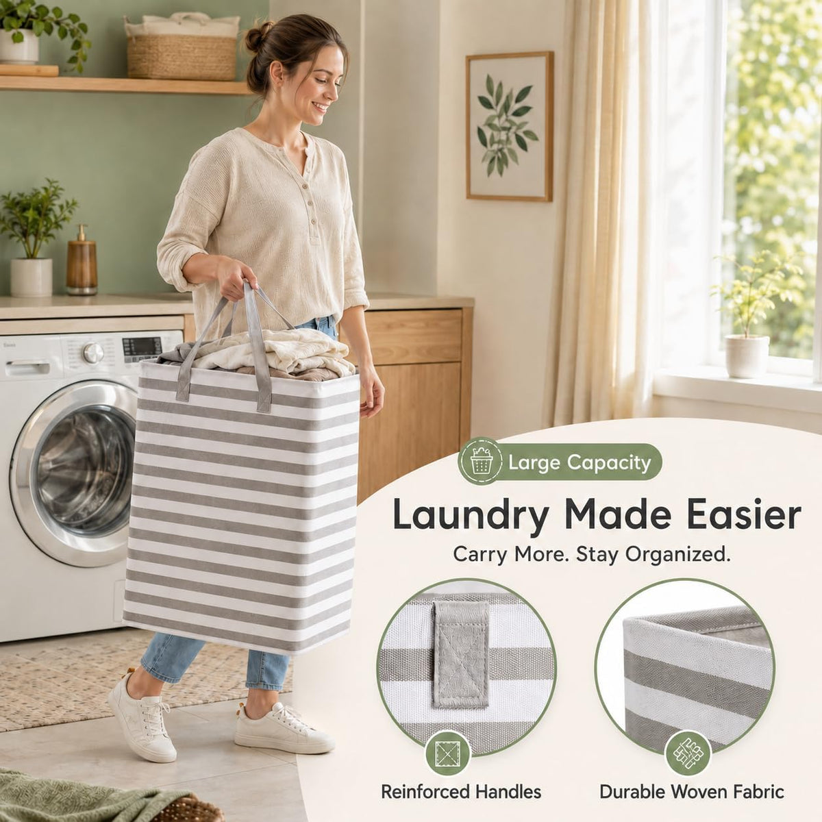 2 Pack Large Laundry Baskets, Laundry Hampers, Freestanding Waterproof Collapsible Clothes Basket with Easy Carry Handles in Laundry Room Bathroom Bedroom Dorm,Grey,75L