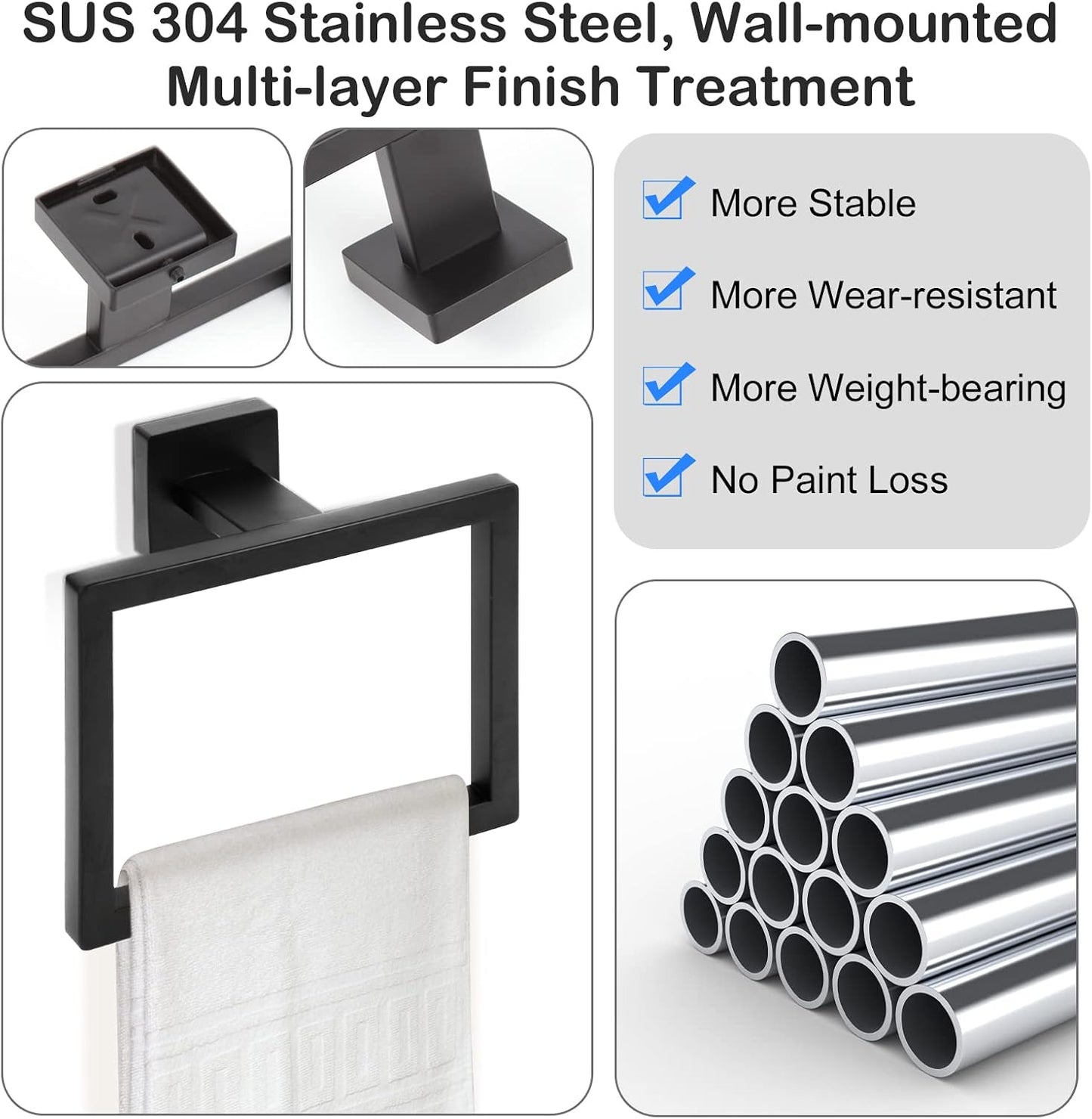 2-Piece Matte Black Square Towel Ring,Modern Hand Towel Holder for Bathroom,Stainless Steel Towel Hangers Wall-Mounted Bathroom Accessories