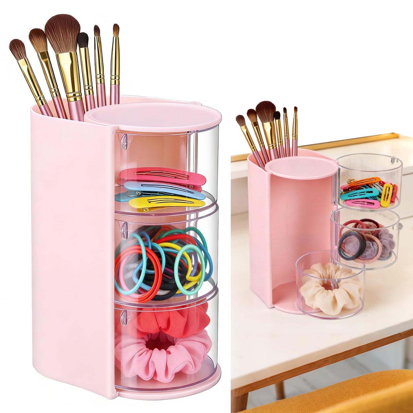 3-Tier Rotating Hair Accessories Organizer, 360° Spinning Storage Stand for Makeup Brushes and Jewelry, Compact Vanity Display Case for Girls, Holds Hair Clips, Earrings, Rings, Bracelets(White)