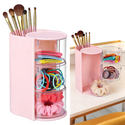 3-Tier Rotating Hair Accessories Organizer, 360° Spinning Storage Stand for Makeup Brushes and Jewelry, Compact Vanity Display Case for Girls, Holds Hair Clips, Earrings, Rings, Bracelets(White)
