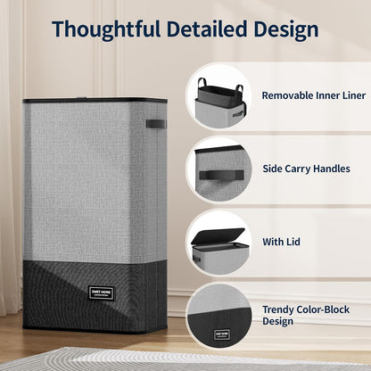 Yecaye Slim Laundry Hamper with Lid, 75L, Black-Gray