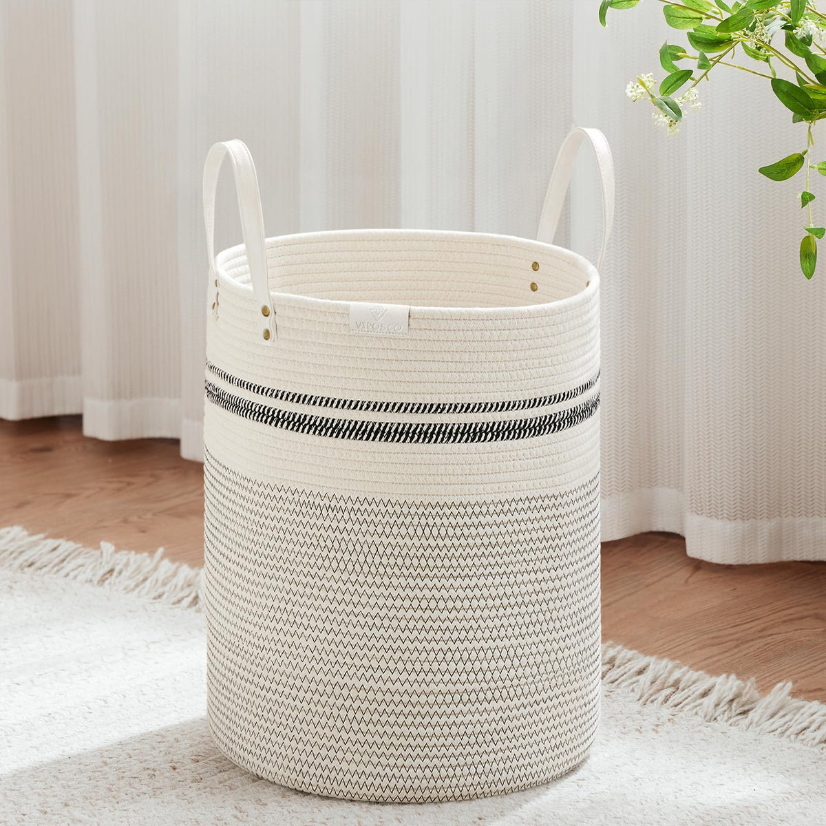 VIPOSCO 100L Tall Woven Rope Laundry Hamper, Leather Handles, White & Brown
