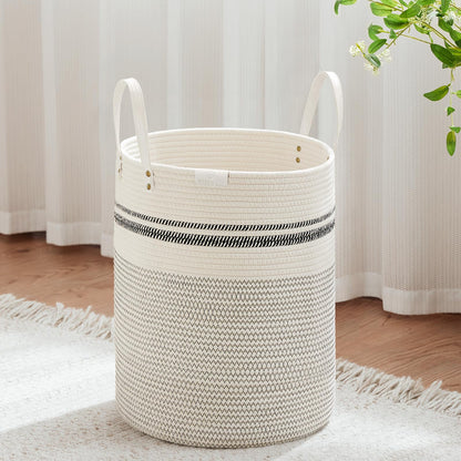 VIPOSCO 100L Tall Woven Rope Laundry Hamper, Leather Handles, White & Brown
