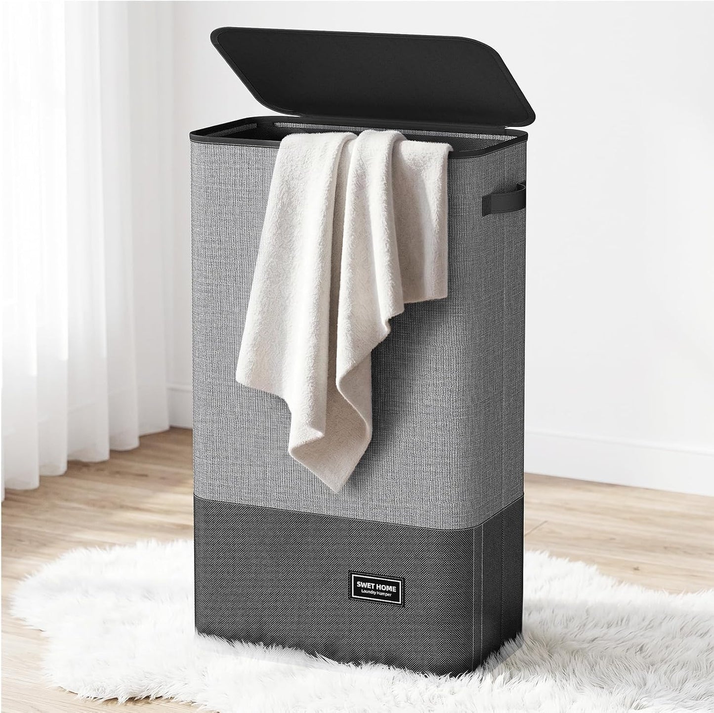 Yecaye Slim Laundry Hamper with Lid, 75L, Black-Gray