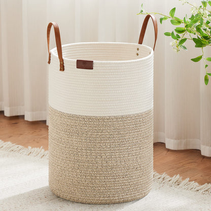 VIPOSCO 100L Tall Woven Rope Laundry Hamper, Leather Handles, White & Brown