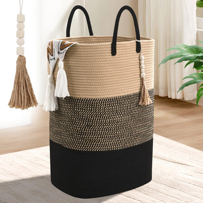 65L Woven Laundry Basket for Clothes, Large Rectangle Laundry Hampers with Beads Tassel, Nursery Storage Basket for Toys, Tall Dirty Clothes Hamper for Bedroom Aesthetic, Laundry Room Organization
