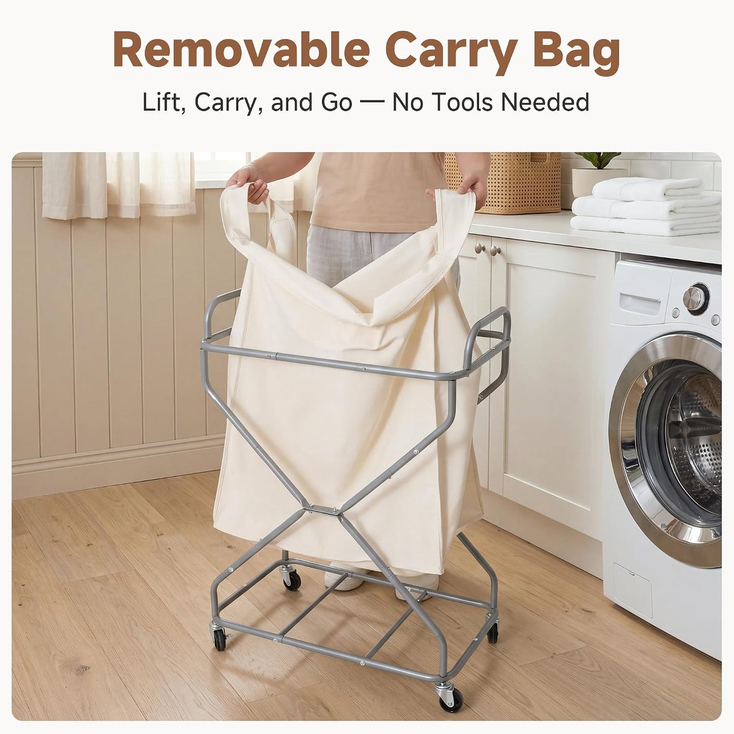 StorageWorks 2 Section Laundry Sorter with Wheels, 160L Beige Hamper Basket