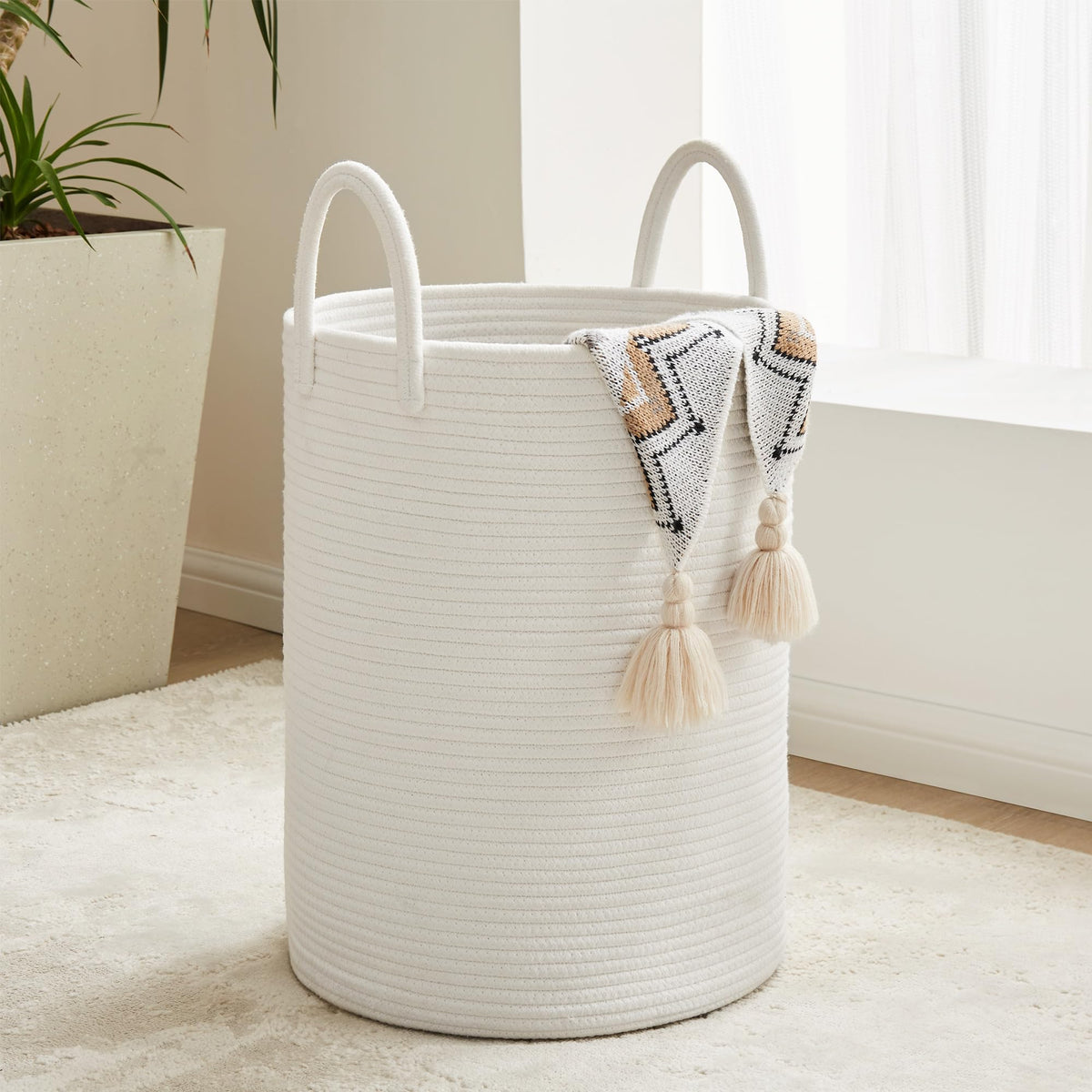 YOUDENOVA Cotton Laundry Hamper, 58L Tall Storage Basket-Brown