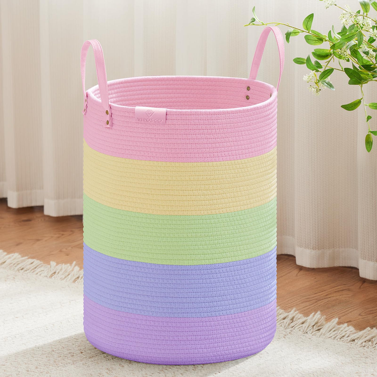 VIPOSCO 100L Tall Woven Rope Laundry Hamper, Leather Handles, White & Brown
