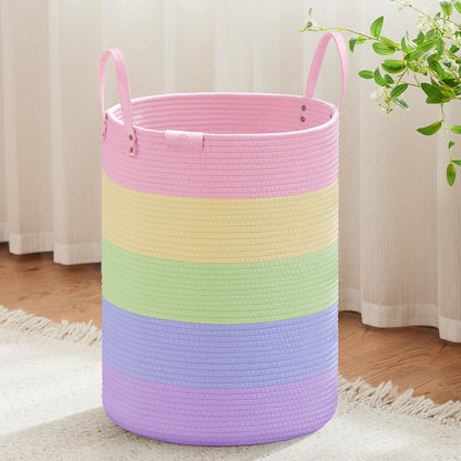 VIPOSCO 100L Tall Woven Rope Laundry Hamper, Leather Handles, White & Brown