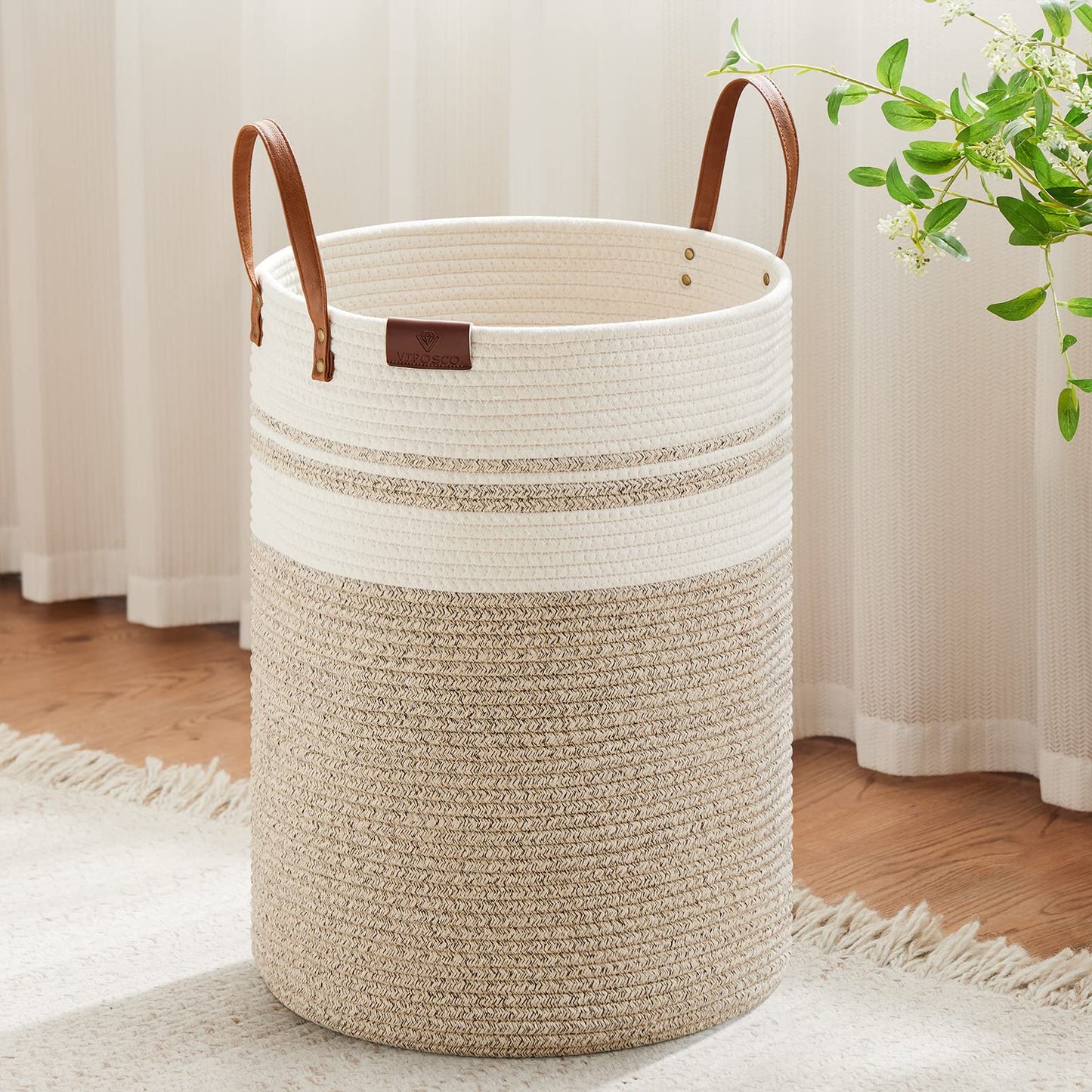 VIPOSCO 100L Tall Woven Rope Laundry Hamper, Leather Handles, White & Brown