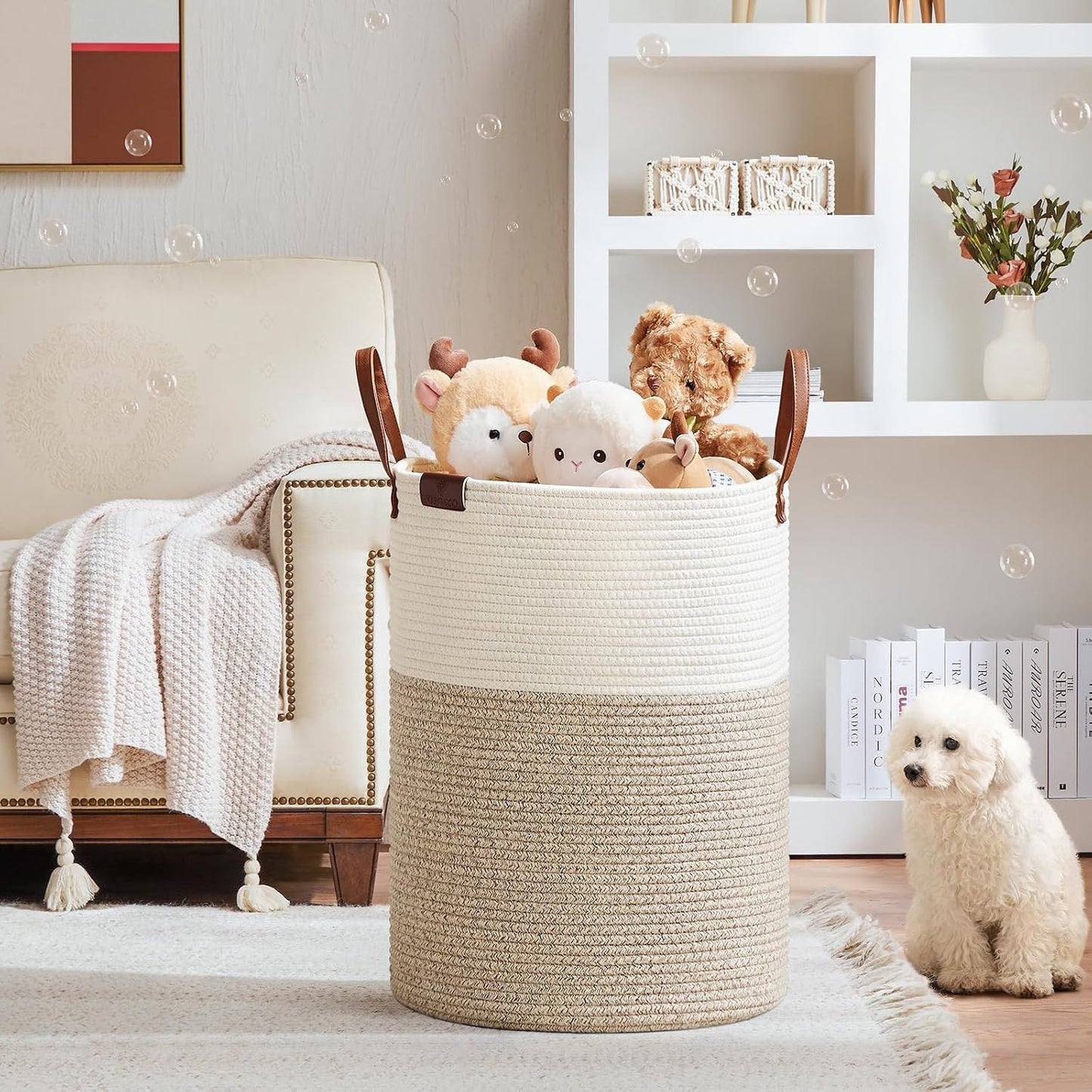 VIPOSCO 100L Tall Woven Rope Laundry Hamper, Leather Handles, White & Brown