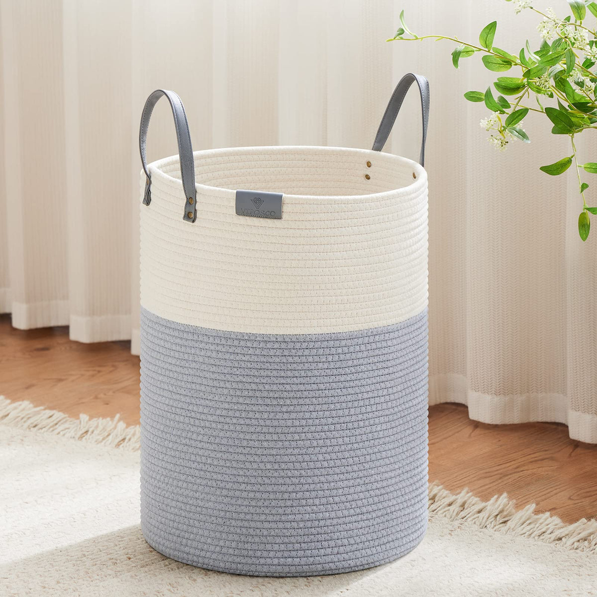 VIPOSCO 100L Tall Woven Rope Laundry Hamper, Leather Handles, White & Brown