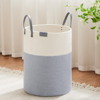 VIPOSCO 100L Tall Woven Rope Laundry Hamper, Leather Handles, White & Brown