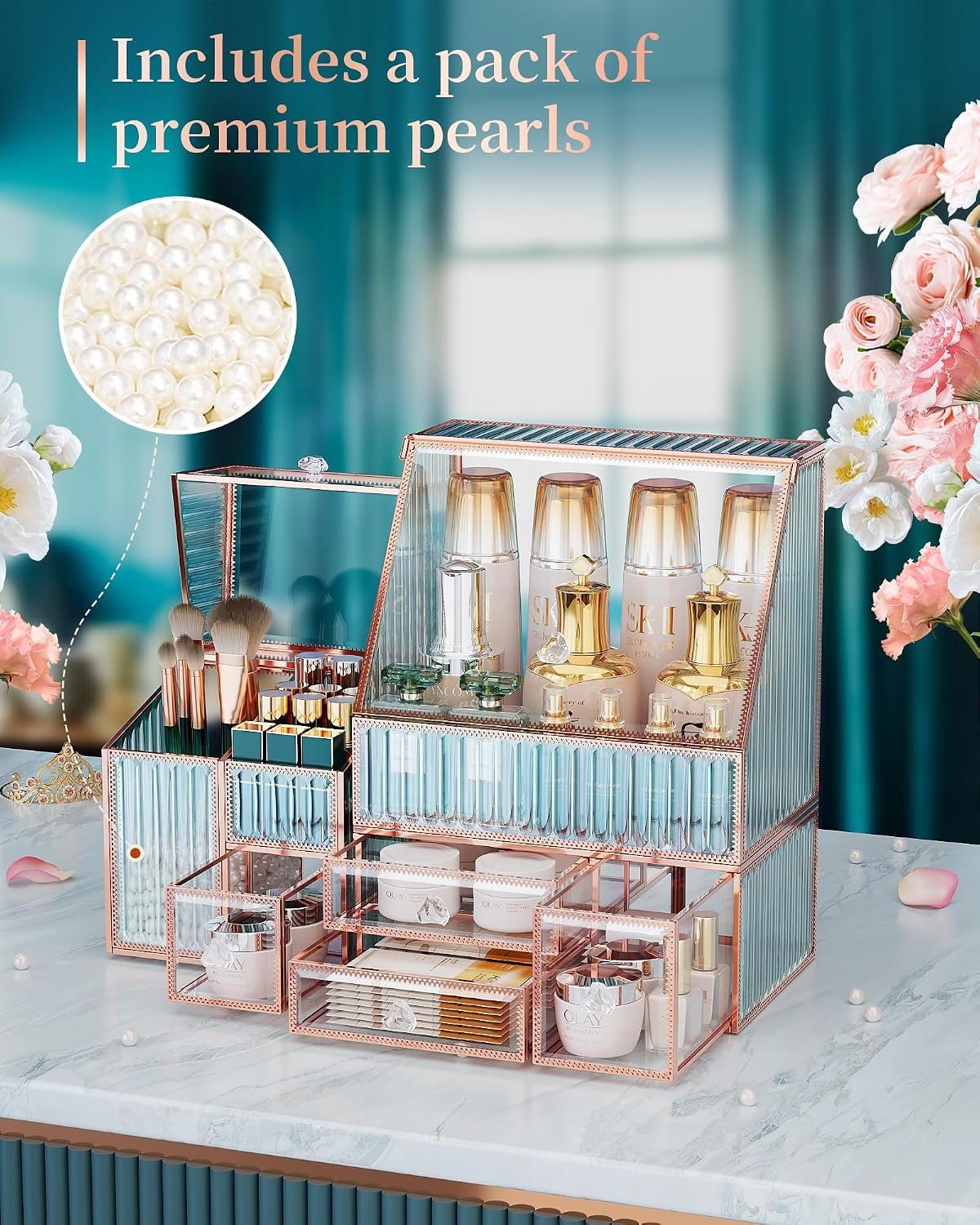 Youdepot Glass Makeup Organizer, 3-in-1 Cosmetic Organizer