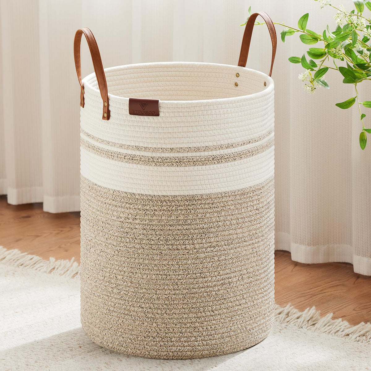 VIPOSCO 100L Tall Woven Rope Laundry Hamper, Leather Handles, White & Brown