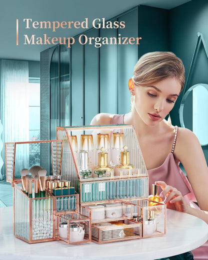 Youdepot Glass Makeup Organizer, 3-in-1 Cosmetic Organizer