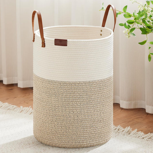 VIPOSCO 100L Tall Woven Rope Laundry Hamper, Leather Handles, White & Brown