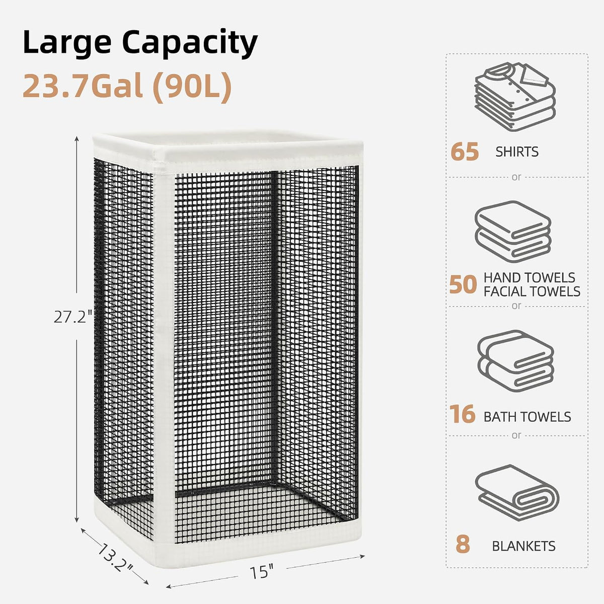 STORAGE MANIAC Mesh Laundry Hamper, 23.7 Gal. Tall Laundry Basket for Airflow, Strong Metal Dirty Clothes Hamper for College Dorm, Bedroom, Bathroom, Clothes Bin, White & Black