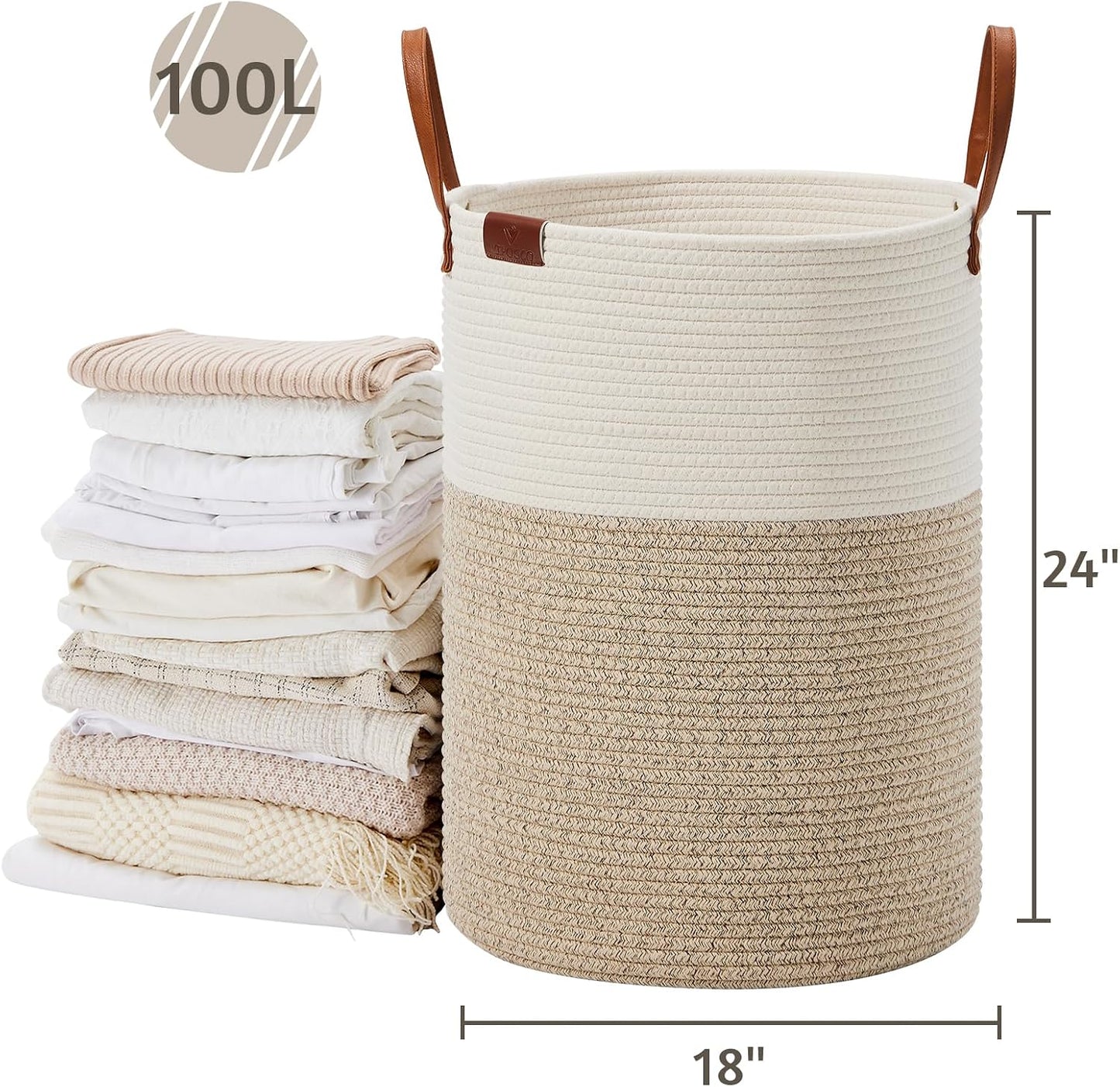 VIPOSCO 100L Tall Woven Rope Laundry Hamper, Leather Handles, White & Brown