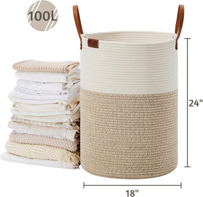 VIPOSCO 100L Tall Woven Rope Laundry Hamper, Leather Handles, White & Brown