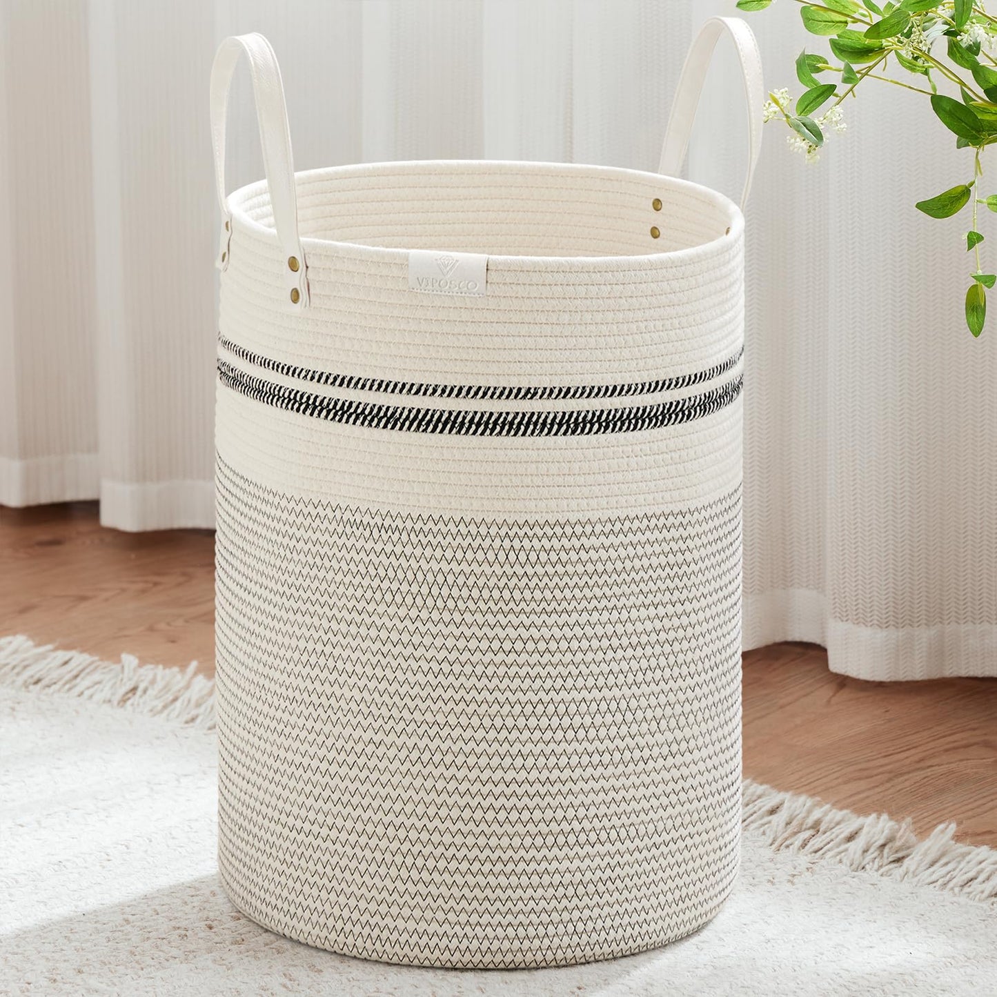 VIPOSCO 100L Tall Woven Rope Laundry Hamper, Leather Handles, White & Brown