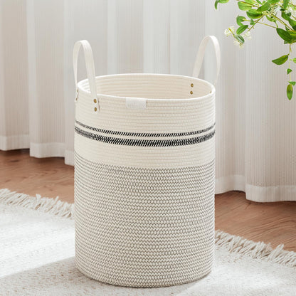 VIPOSCO 100L Tall Woven Rope Laundry Hamper, Leather Handles, White & Brown