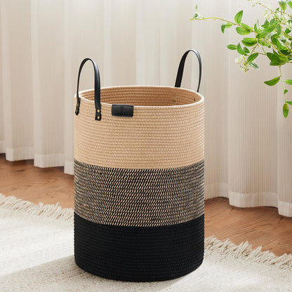 VIPOSCO 100L Tall Woven Rope Laundry Hamper, Leather Handles, White & Brown